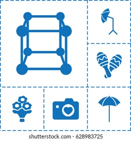 Creative icon. set of 6 creative filled icons such as heart with camera, maraca, bouquet flower, studio umbrella