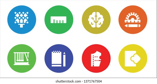 creative icon set. 8 filled creative icons.  Collection Of - Light, Momentum, Ruler, Sketchbook, Brain, Pattern design, Logout