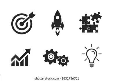 creative icon set. aim, growth chart, lightbulb and rocket symbols. web design signs and infographic elements