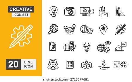 Creative icon set. Brainstorming, drawing, process, inspiration and more line icon.