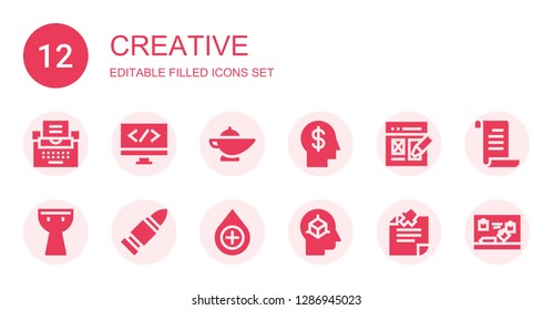 creative icon set. Collection of 12 filled creative icons included Typewriter, Coding, Magic lamp, Mind, Web design, Kettledrum, Bullet, Drop, Cube, Note