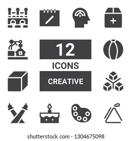 creative icon set. Collection of 12 filled creative icons included Triangle, Palette, Cake, Lights, Cube, Ball, Notes, Add, d, Bridge, Mind
