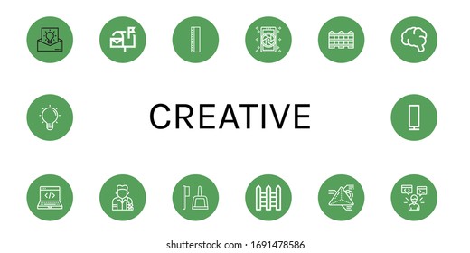 creative icon set. Collection of Idea, Mailbox, Ruler, Camera, Fence, Brain, Development, Painter, Brush, Fences, Geometry, Programmer, Lightbulb, Paper lamp icons