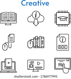 creative icon set. included chip, ebook, books, instructor, learn, doc, information, touchscreen, click icons. linear styles.
