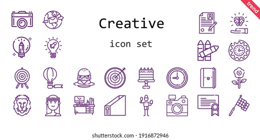 creative icon set  line icon style  creative related icons such as brush  racing  idea  certificate  muse  clock  curriculum  crayons  lion  creative  flower  target  hot air balloon  folder  burger