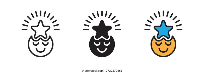 Icono creativo que muestra una cara feliz con una estrella brillante, que simboliza la inspiración, las ideas brillantes, la atención plena, el éxito y el pensamiento positivo.