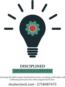 Ícone criativo mostrando uma lâmpada elétrica com uma engrenagem e um relógio — simbolizando disciplina, foco, produtividade, consistência e progresso constante. Estilo de vetor plano limpo, perfeito para projetos de motivação, negócios, educação e treinamento.