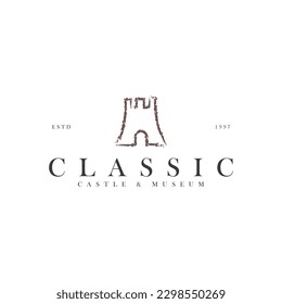 creativo concepto vectorial de diseño de logotipo de castillo icónico. diseño vectorial del logotipo de palace clásico de arte de línea con arte de pincel, estilos minimalistas y elegantes aislados en fondo blanco
