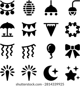 Creative icons depicting various party and decorative lighting elements for event planning and celebration themes