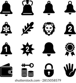 Creative icons featuring bells symbols animals money and achievement badges in minimalist silhouette style