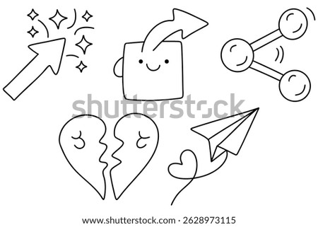 A Creative icons featuring sparkly arrow, happy square, share button, broken heart, and paper airplane to express emotions