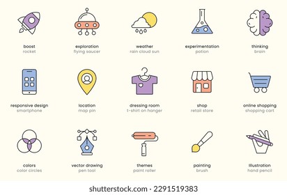 Iconos creativos. Conjunto de iconos con varios temas. Símbolos de creatividad e innovación. Ilustraciones vectoriales planas. Elementos aislados. Pictogramas para la web. Colección de signos para el creador de contenido. Iconos de contorno.