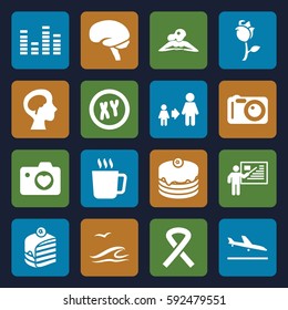 creative icons set. Set of 16 creative filled icons such as plane landing, mug, woman in spa, son and father, cake, piece of cake, brain, heart with camera, rose, equalizer