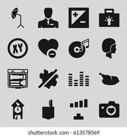 Creative icons set. set of 16 creative filled icons such as no wash, office room, signal, businessman, minus favorite, heart with camera, equalizer, disc and music note