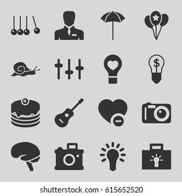 Creative icons set. set of 16 creative filled icons such as snail, cake, brain, businessman, minus favorite, bulb heart, equalizer, guitar, balloon, studio umbrella