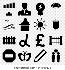 Creative icons set. set of 16 creative filled icons such as fence, butterfly, sun, signal, pencil, businessman, gay couple, studio umbrella, bulb, sea and gull, sail, teacher