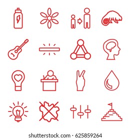 Creative icons set. set of 16 creative outline icons such as chameleon, connection, sun, no wash, son and father, bulb heart, equalizer, human brain, guitar, camera, drop