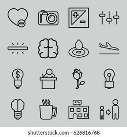 Creative icons set. set of 16 creative outline icons such as plane landing, mug, water drop, spa building, brain, son and father, bulb, minus favorite, rose, equalizer