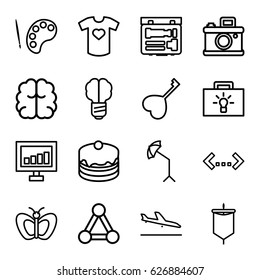 Creative icons set. set of 16 creative outline icons such as plane landing, connection, butterfly, brain, signal, cake, heart key, t-shirt with heart, studio umbrella, camera