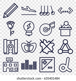 Creative icons set. set of 16 creative outline icons such as plane landing, connection, butterfly, spa building, no wash, pencil, disc and music note, equalizer