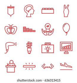 Creative icons set. set of 16 creative outline icons such as plane landing, butterfly, hair dryer, equalizer, signal, human brain, balloon, camera, fluorescent lamp, sail