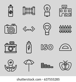 Creative icons set. set of 16 creative outline icons such as fence, butterfly, spa building, equalizer, bulb, energy drink, bulb heart, camera, studio umbrella, iso