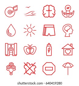Creative icons set. set of 16 creative outline icons such as butterfly, sun, no wash, brain, home with heart, human brain, disc and music note, bouquet flower, studio umbrella