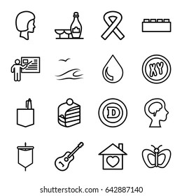 Creative icons set. set of 16 creative outline icons such as butterfly, champagne and wine glasses, d letter, office room, piece of cake, home with heart, human brain, guitar