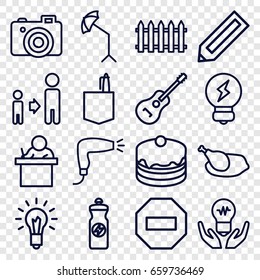 Creative icons set. set of 16 creative outline icons such as pencil, fence, hair dryer, office room, son and father, cake, energy drink, camera, guitar, studio umbrella