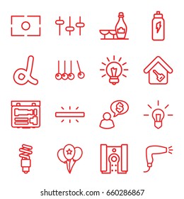 Creative icons set. set of 16 creative outline icons such as hair dryer, champagne and wine glasses, equalizer, balloon, camera, camera focus, home key, fluorescent lamp, bulb