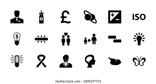Creative icons. set of 18 editable filled creative icons: son and father, building block, energy drink, planet and satellite, bulb, businessman, gay couple, human brain