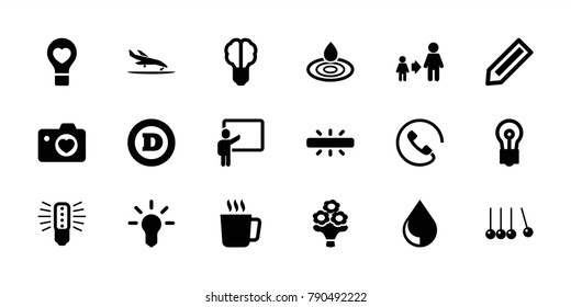 Creative icons. set of 18 editable filled creative icons: mug, pencil, water drop, d letter, son and father, bulb, cradle, brain bulb, heart with camera, bulb heart