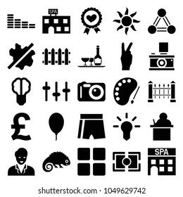 Creative icons. set of 25 editable filled creative icons such as spa building, equalizer, no wash, teacher, pound, sport shorts, brain bulb, heart ribbon, bulb, balloon