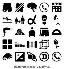 Creative icons. set of 25 editable filled creative icons such as plane landing, call, fence, hair dryer, equalizer, protractor, sport shorts, brain, planet and satellite, rose