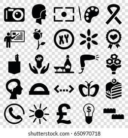 Creative icons set. set of 25 creative filled icons such as call, butterfly, sun, hair dryer, champagne and wine glasses, office room, piece of cake, heart ribbon, rose