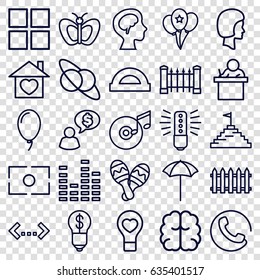 Creative icons set. set of 25 creative outline icons such as call, fence, butterfly, brain, home with heart, bulb heart, equalizer, human brain, balloon, disc and music note