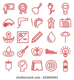 Creative icons set. set of 25 creative outline icons such as chameleon, butterfly, water drop, hair dryer, d letter, equalizer, pencil, energy drink, heart ribbon, bulb heart