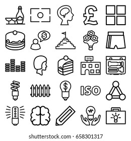 Creative icons set. set of 25 creative outline icons such as connection, pencil, fence, spa building, champagne and wine glasses, brain, cake, piece of cake, human brain