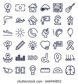 Creative icons set. set of 36 creative outline icons such as plane landing, call, chameleon, snail, hair dryer, sun, brain, pencil, minus favorite, home with heart, bulb heart