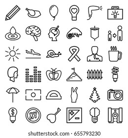 Creative icons set. set of 36 creative outline icons such as plane landing, mug, chameleon, snail, fence, butterfly, water drop, hair dryer, sun, son and father, pencil, brain