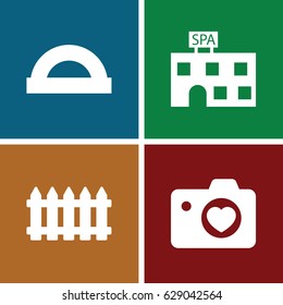 Creative icons set. set of 4 creative filled icons such as fence, spa building, heart with camera