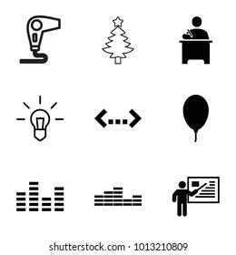 Creative icons. set of 9 editable filled and outline creative icons such as quotation, balloon, equalizer, teacher, bulb, hair dryer