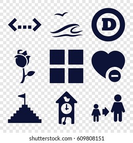 Creative icons set. set of 9 creative filled icons such as d letter, son and father, minus favorite, rose, pyramid flag, sea and gull, cuckoo clock, cube