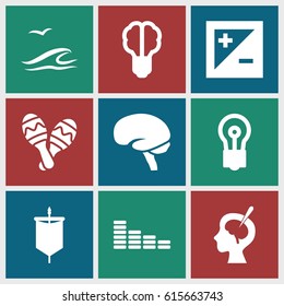Creative icons set. set of 9 creative filled icons such as equalizer, bulb, brain, brain surgery, maraca, light exposure, sea and gull, sail