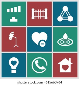 Creative icons set. set of 9 creative filled icons such as connection, call, fence, water drop, signal, minus favorite, home with heart, bulb heart