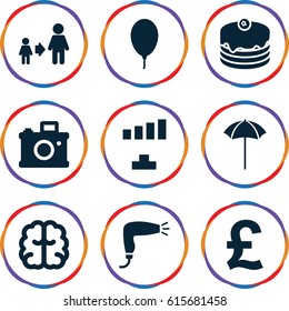 Creative icons set. set of 9 creative filled icons such as hair dryer, brain, son and father, signal, cake, balloon, studio umbrella, pound