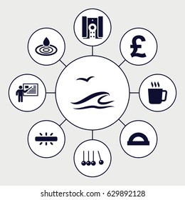 Creative icons set. set of 9 creative filled icons such as mug, water drop, camera, teacher, sea and gull, protractor, cradle