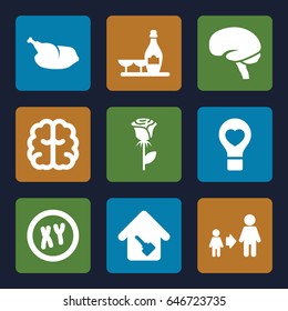 Creative icons set. set of 9 creative filled icons such as champagne and wine glasses, brain, son and father, rose, bulb heart, home key, chicken