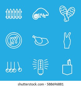 creative icons set. Set of 9 creative outline icons such as chameleon, fence, office room, maraca, chicken, cradle, peace, bulb