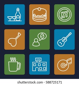 creative icons set. Set of 9 creative outline icons such as mug, spa building, champagne and wine glasses, cake, heart key, guitar, disc and music note